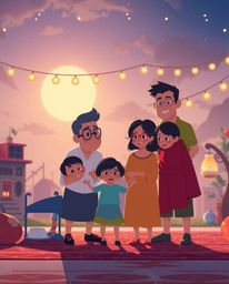 This artwork captures an epic and heartfelt family reunion in a modern, flat-design Pixar style. The scene features amazing l
