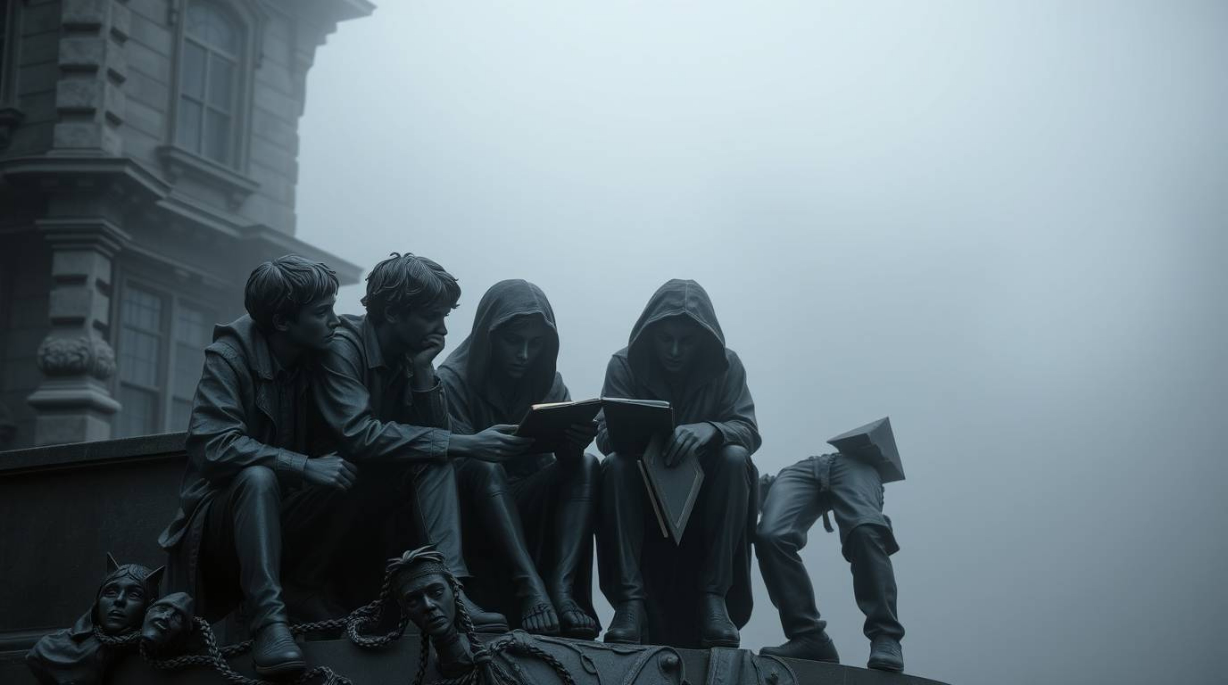 A captivating cast bronze sculpture depicting a group of teens engrossed in solving mysteries within a fog-laden, haunted man