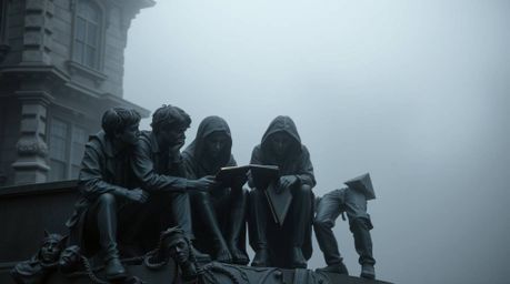 A captivating cast bronze sculpture depicting a group of teens engrossed in solving mysteries within a fog-laden, haunted man