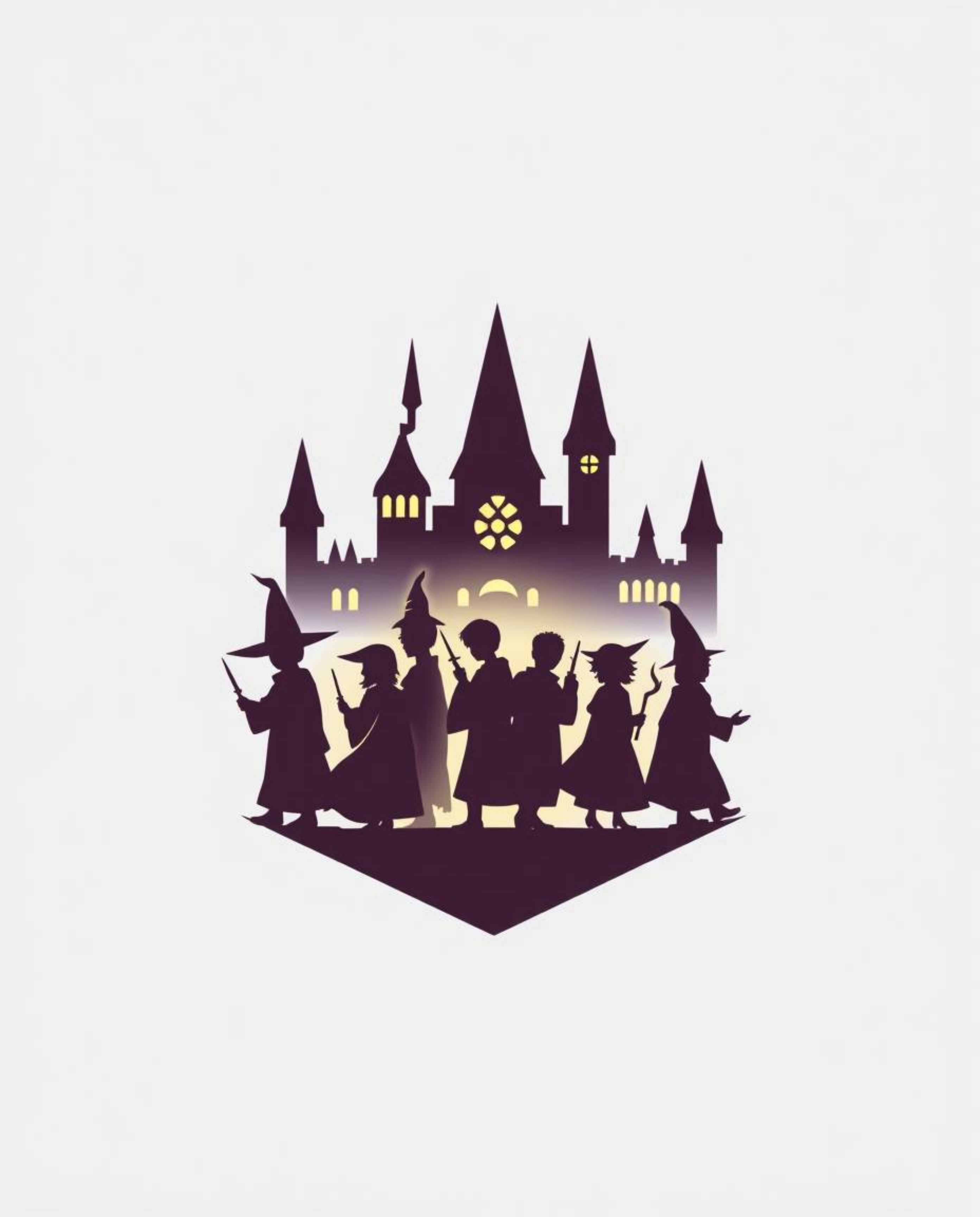 This logo design depicts a magical school brimming with young wizards, presented as silhouetted figures against a backdrop of