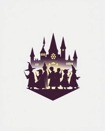 This logo design depicts a magical school brimming with young wizards, presented as silhouetted figures against a backdrop of