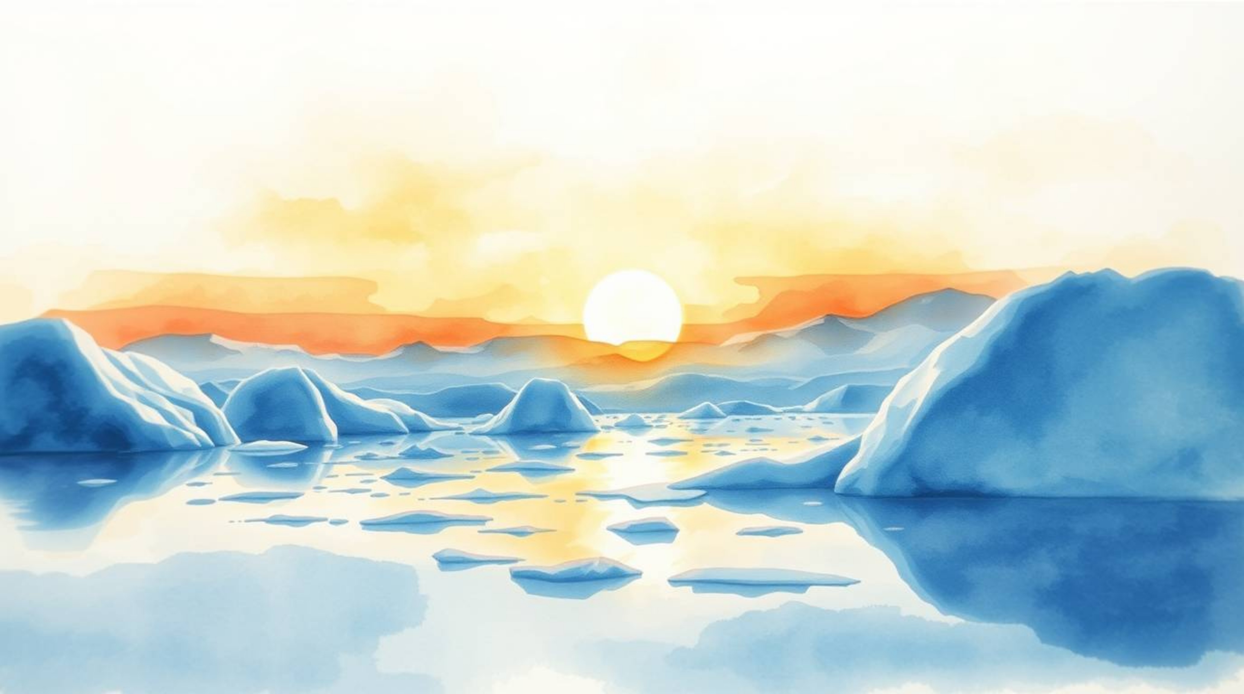 A delicate watercolor painting capturing a graceful and elegant sunset over icy glaciers in the polar region.  Translucent wa