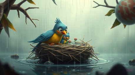 Experience a surreal and dreamlike scene of two cartoon birds diligently building a nest in a classic animation style. Set ag