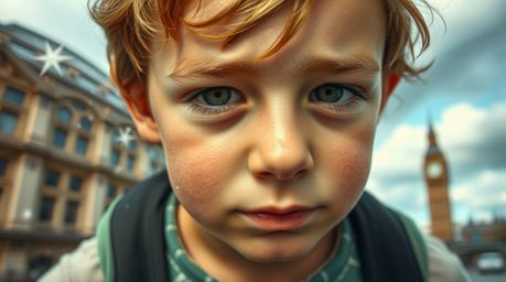 An extreme macro close-up captures the enchanting moment of a young boy's face as he soars above a blurred London landscape, 