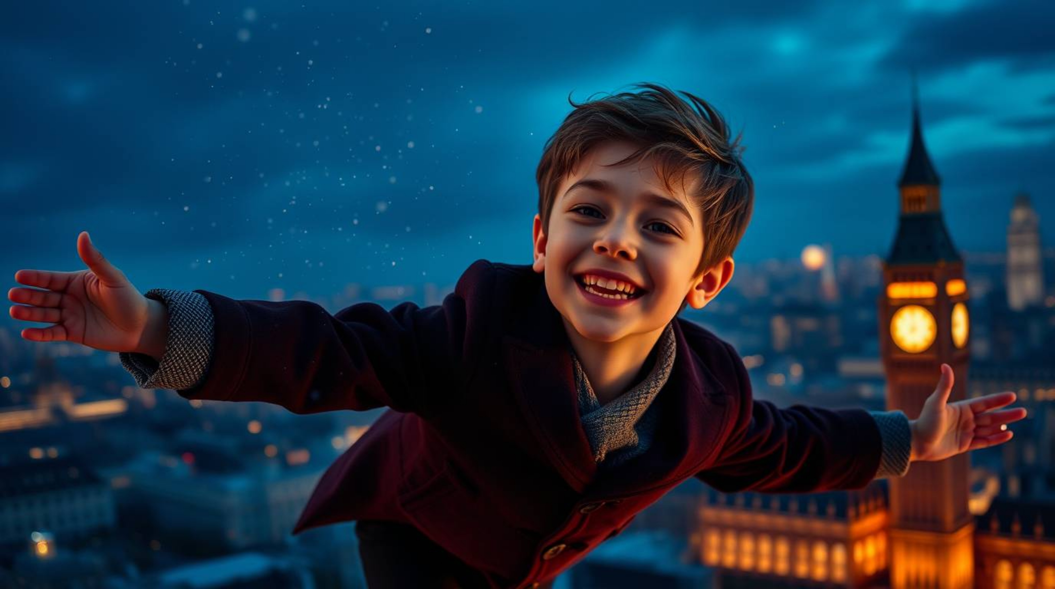 A captivating high-resolution stock photo depicting a young boy with fair skin and a joyful expression, magically flying abov