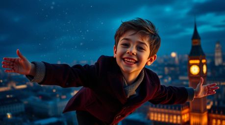 A captivating high-resolution stock photo depicting a young boy with fair skin and a joyful expression, magically flying abov