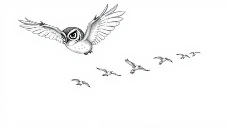 A heartwarming Pixar-style hand-drawn sketch depicts a blind owl, rendered with textured pencil strokes and subtle feather de