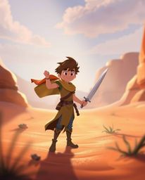 Embark on a thrilling Disney-style desert adventure with a brave hero bathed in gentle soft light, creating diffused shadows
