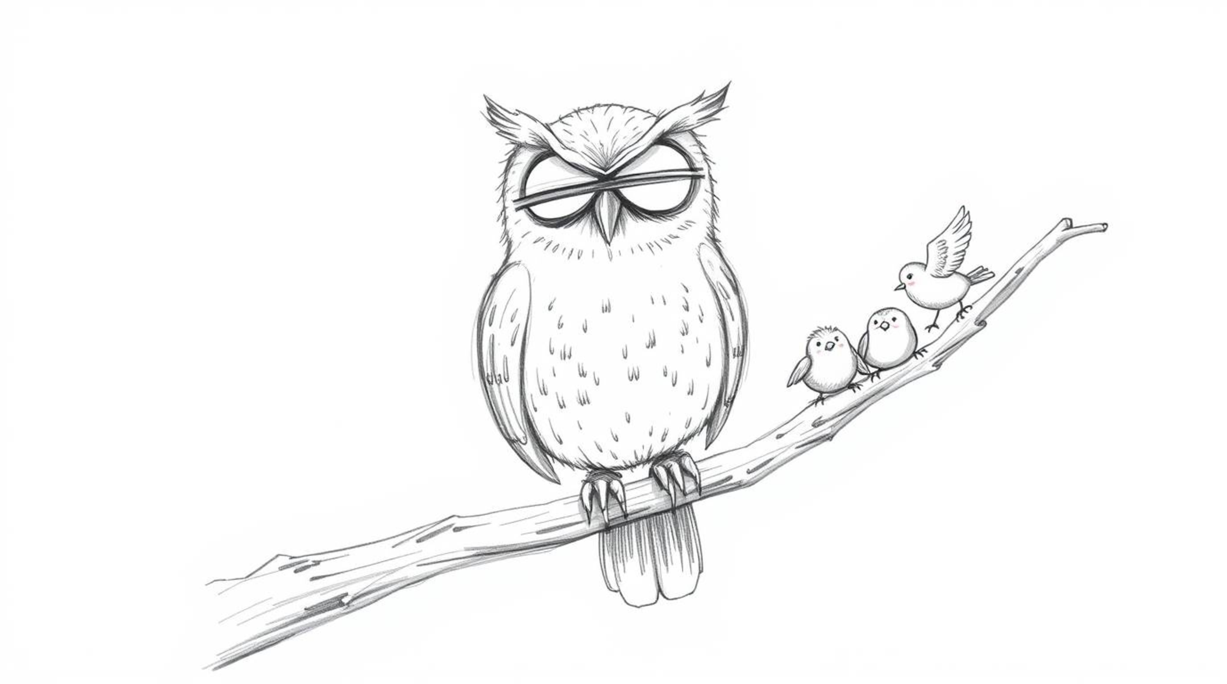 A charming, slightly imperfect hand-drawn sketch in Pixar style depicts a wise-looking, blind owl patiently tapping a hollow 