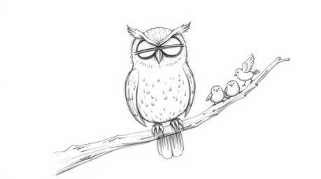 A charming, slightly imperfect hand-drawn sketch in Pixar style depicts a wise-looking, blind owl patiently tapping a hollow 