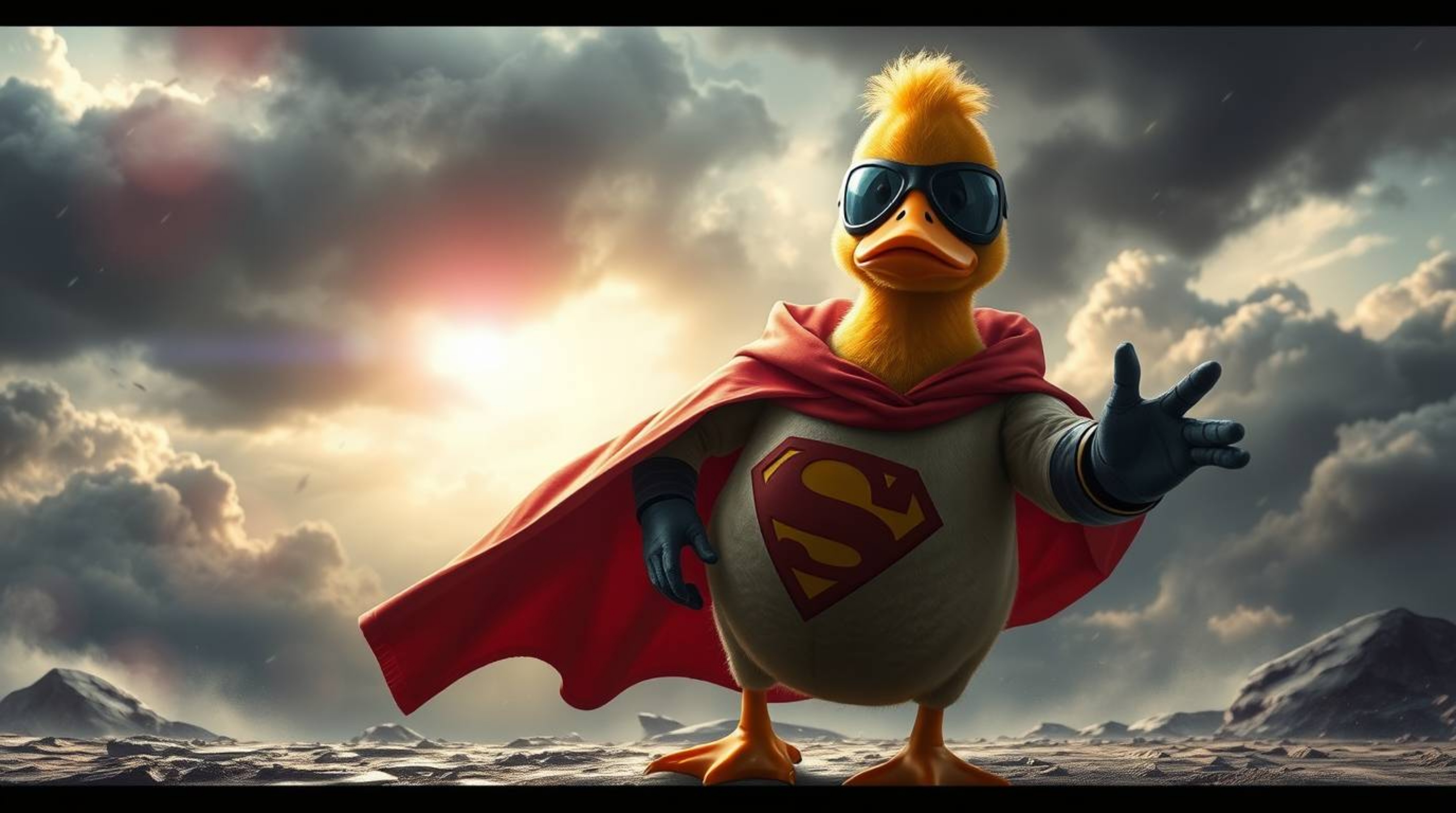 This digital painting features a duck in a zany superhero costume, bravely facing an epic scene of intense dramatic weather i
