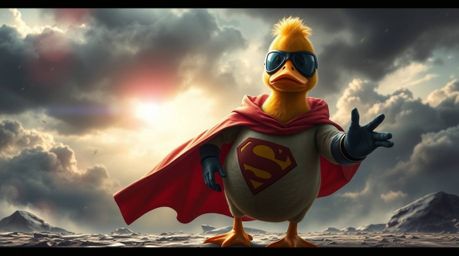 This digital painting features a duck in a zany superhero costume, bravely facing an epic scene of intense dramatic weather i