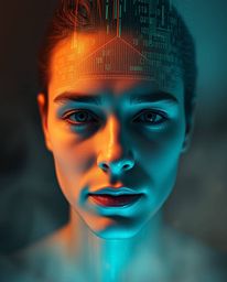 A captivating high-resolution stock photo showcases a human face undergoing a mesmerizing digital glitch transformation, seam