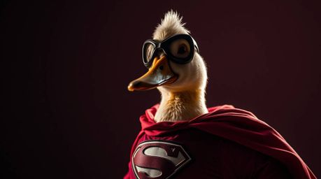 Capture the imagination with a surreal infrared image of a duck donning a zany superhero costume. This otherworldly appearanc