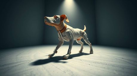 Explore a captivating low-angle perspective of a layered papier-mâché sculpture depicting a futuristic dog confidently walkin