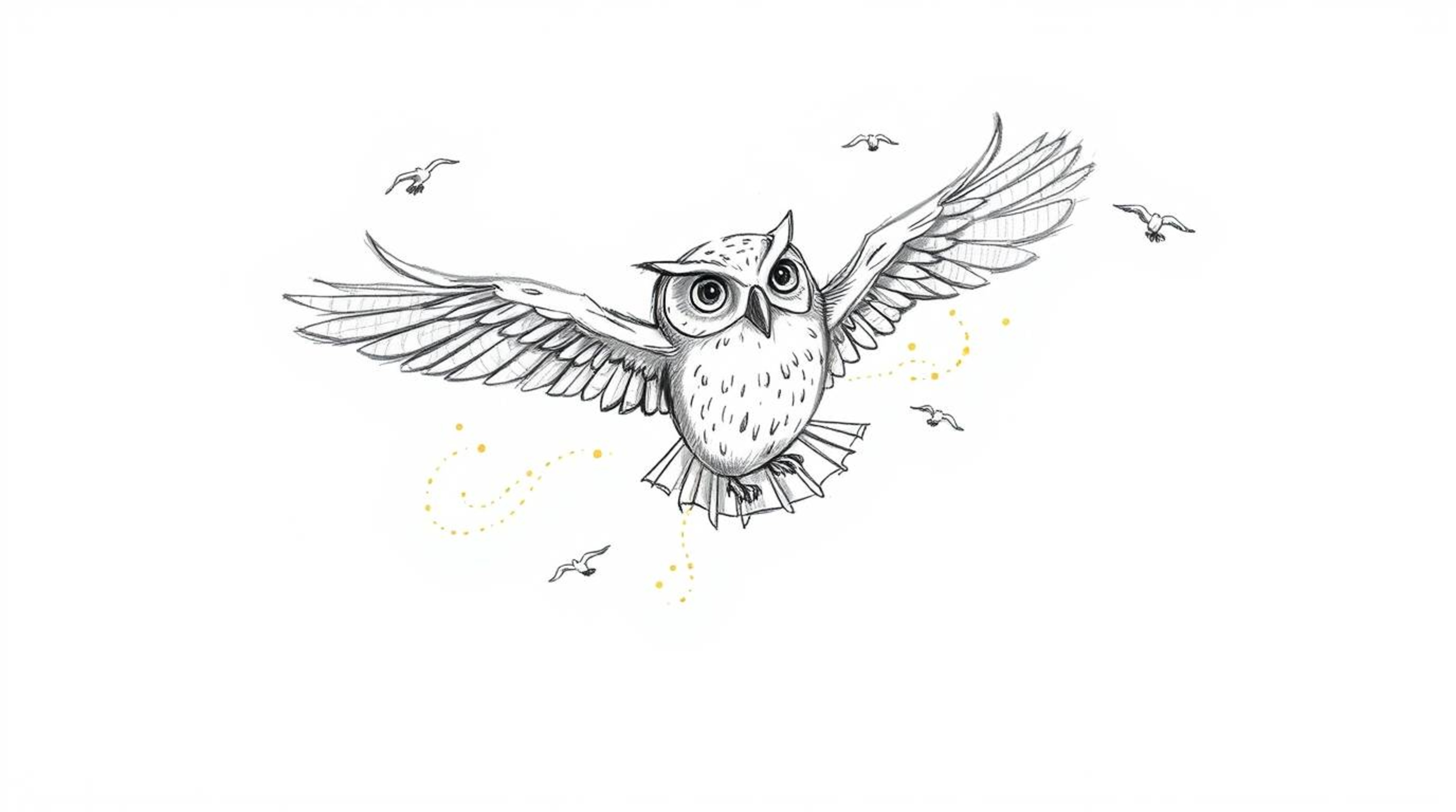 A heartwarming hand-drawn sketch reminiscent of Pixar's style depicts a blind owl gracefully mid-flight, imparting its wisdom