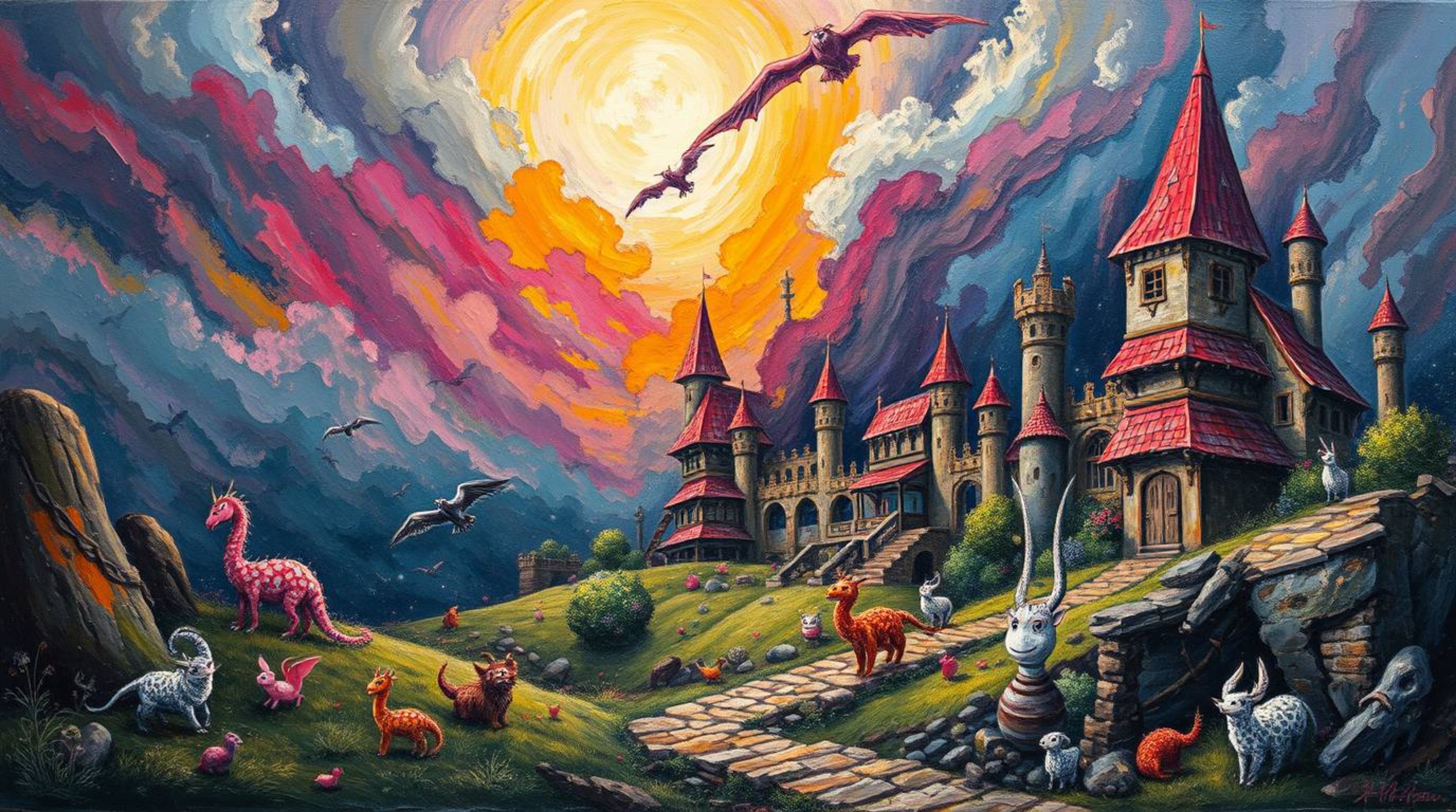 A bold acrylic painting depicting a fantasy kingdom filled with quirky magical creatures under intense dramatic weather and s