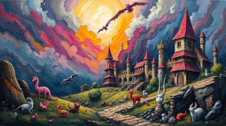 A bold acrylic painting depicting a fantasy kingdom filled with quirky magical creatures under intense dramatic weather and s