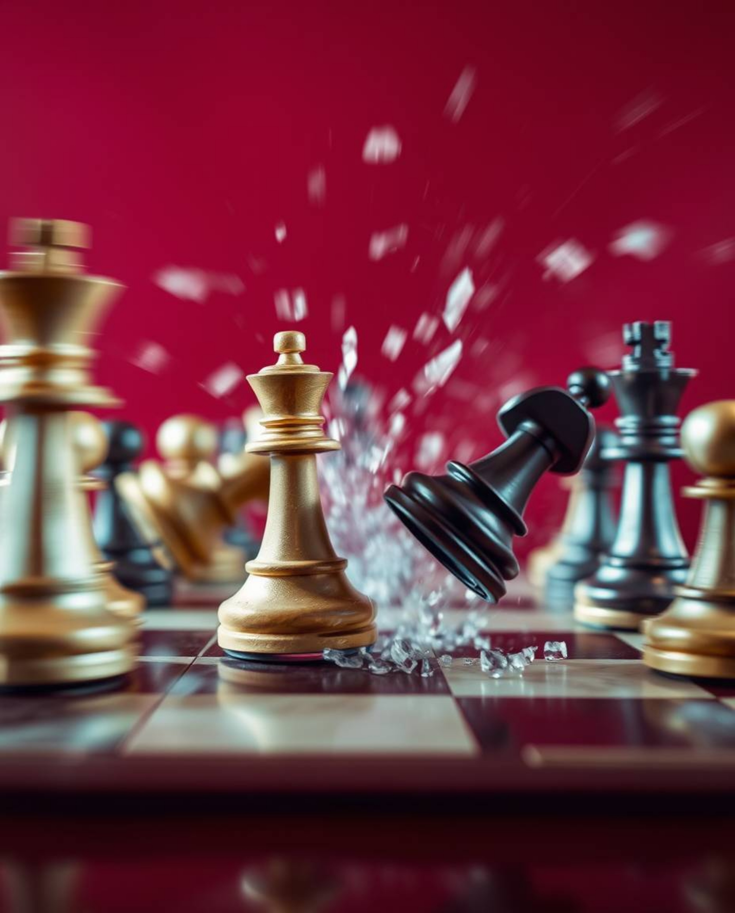 Experience the intense drama of a chessboard frozen in time, capturing the moment of explosive destruction. Rendered in rich 