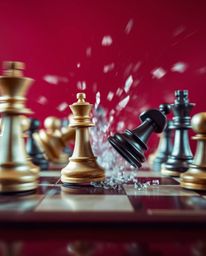 Experience the intense drama of a chessboard frozen in time, capturing the moment of explosive destruction. Rendered in rich 