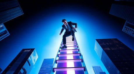 An abstract image depicting the concept of success.  A sharply defined businessperson in a dark suit ascends a transparent la