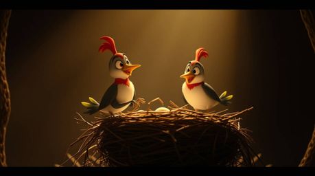 Two cartoon birds are diligently building a nest in a captivating classic animation style. This scene is brought to life with