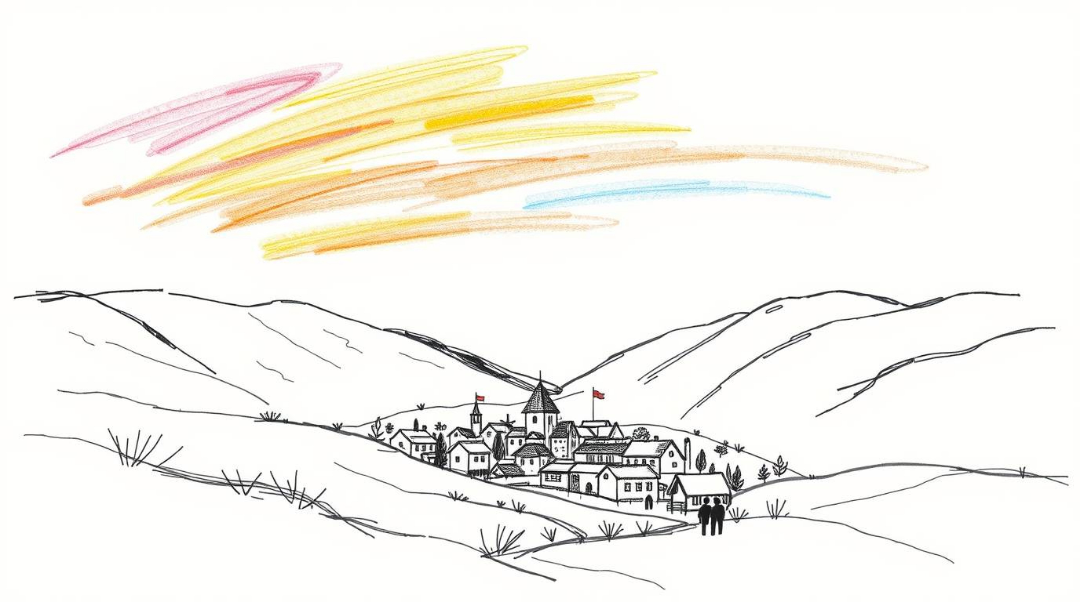 A hand-drawn sketch depicts a cozy village nestled in a valley beneath a vibrant, colorful sky. The scene is creatively divid