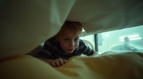 A captivating street photography image portrays a soft, dreamy atmosphere where a child and a monster under a bed become unli