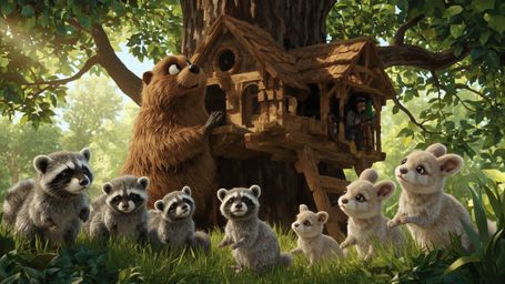 A high-resolution, commercially-oriented stock photograph depicting a diligent beaver constructing an idyllic treehouse, in a