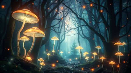 Discover a breathtaking vintage-style enchanted forest brought to life through creative light art.  Glowing mushrooms, ethere