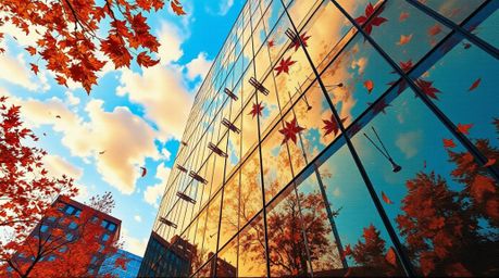 Explore a captivating extreme macro close-up acrylic painting depicting a modern glass building dissolving into the sky, rend