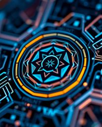 A captivating close-up reveals a futuristic logo design, showcasing a digital interface with intricate geometric patterns and
