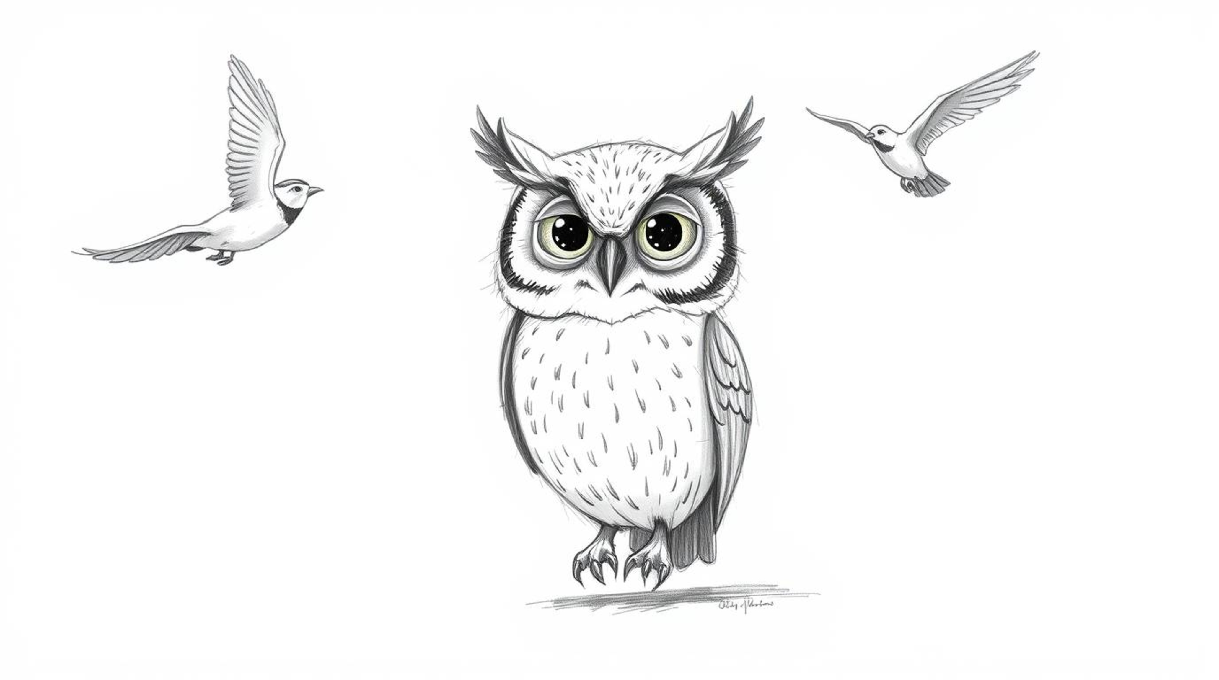 A heartwarming Pixar-style sketch depicts a blind owl passionately teaching birds how to fly. The image utilizes textured pen