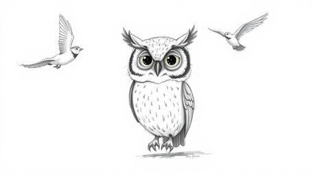A heartwarming Pixar-style sketch depicts a blind owl passionately teaching birds how to fly. The image utilizes textured pen