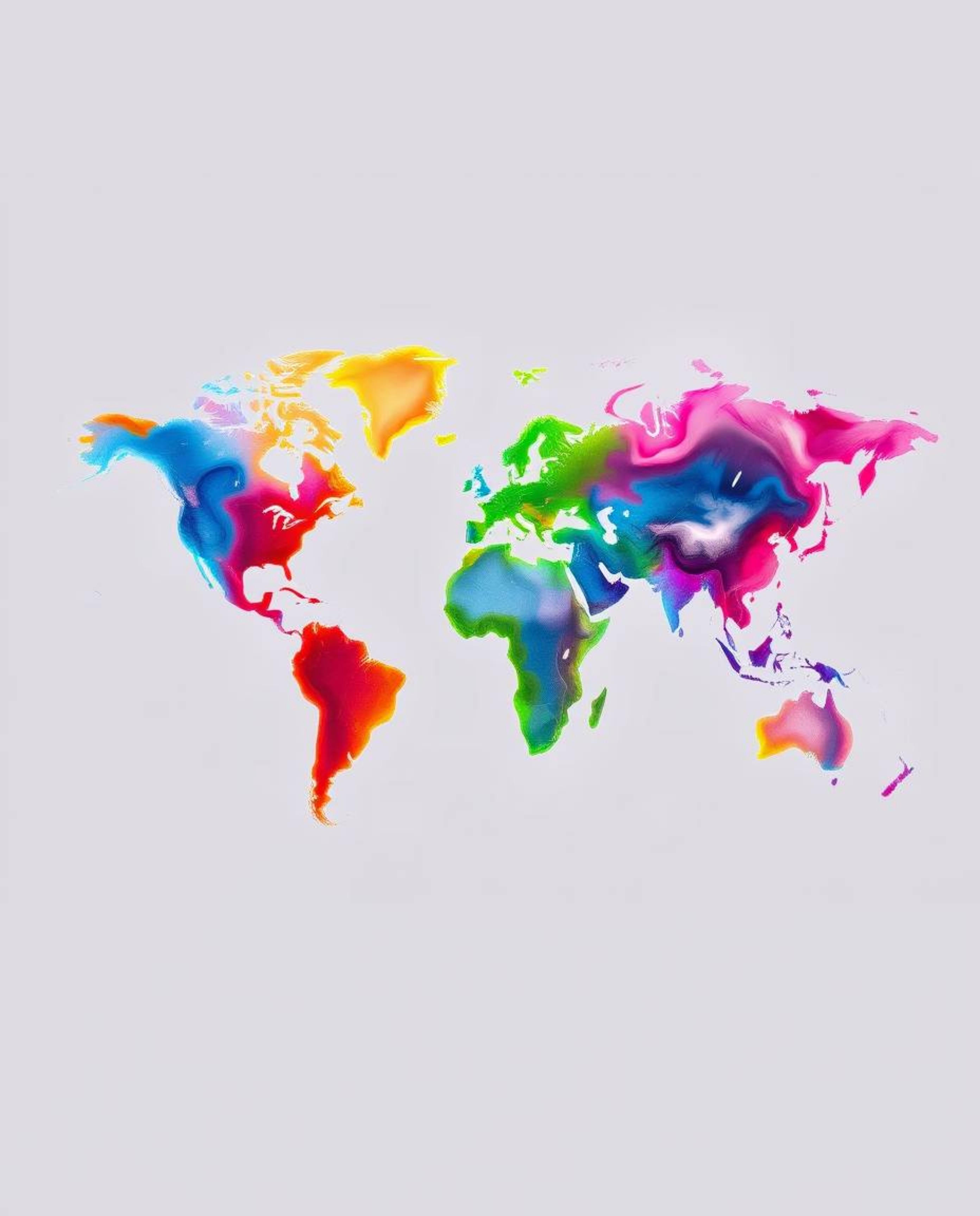 This artwork presents a graceful and elegant world map composed of bright, colorful splashes. It emphasizes refined features 