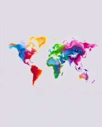 This artwork presents a graceful and elegant world map composed of bright, colorful splashes. It emphasizes refined features 