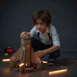 A captivating high fashion photography shoot featuring a young boy with bright, curious eyes building an intricately designed