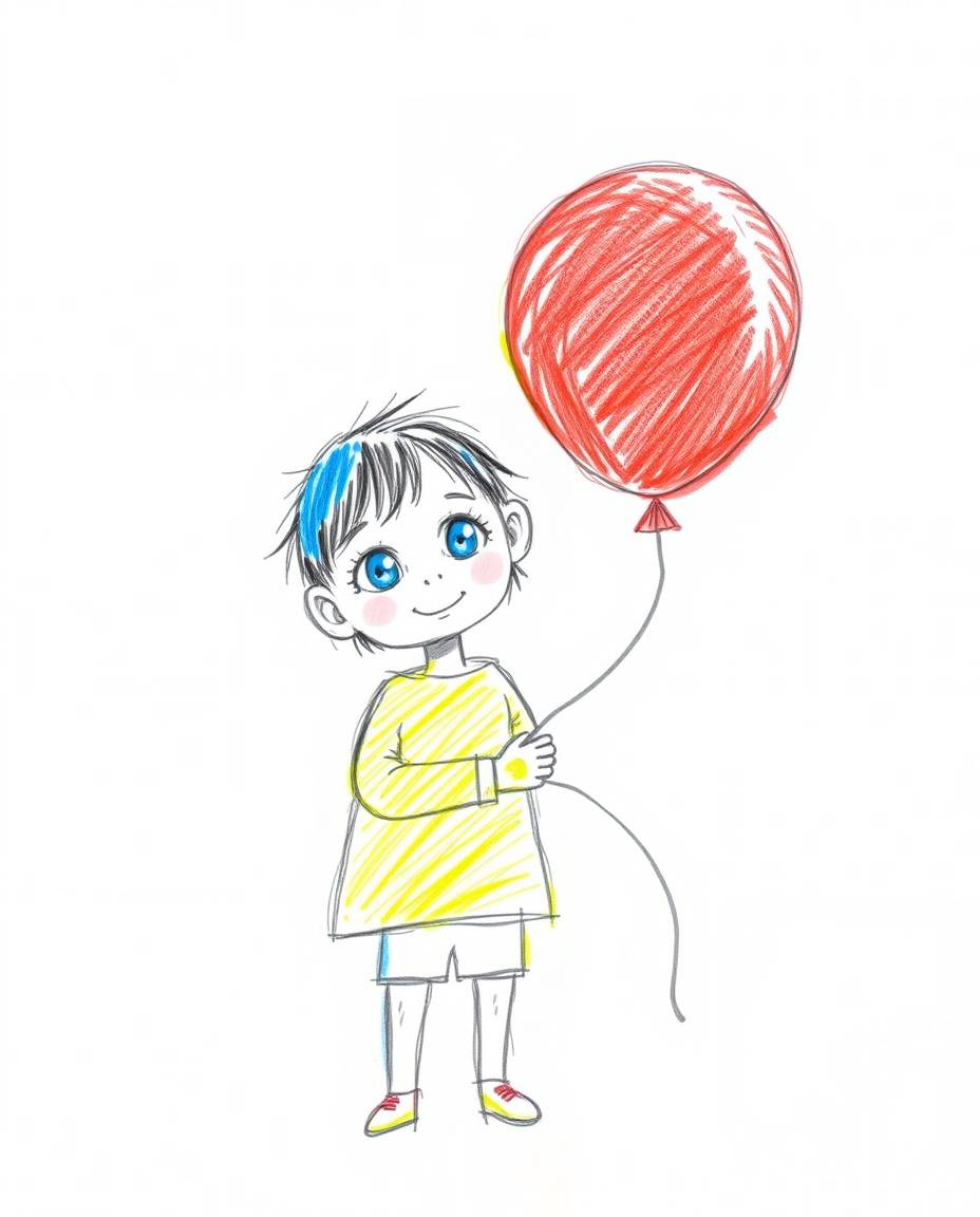 A captivating hand-drawn sketch of a child with dark hair and bright eyes joyfully holding a vibrant red balloon.  The artwor