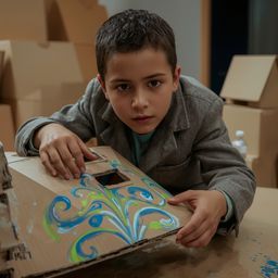 Exquisite high fashion photography captures a young boy with bright, curious eyes lost in his imaginative world. He's buildin