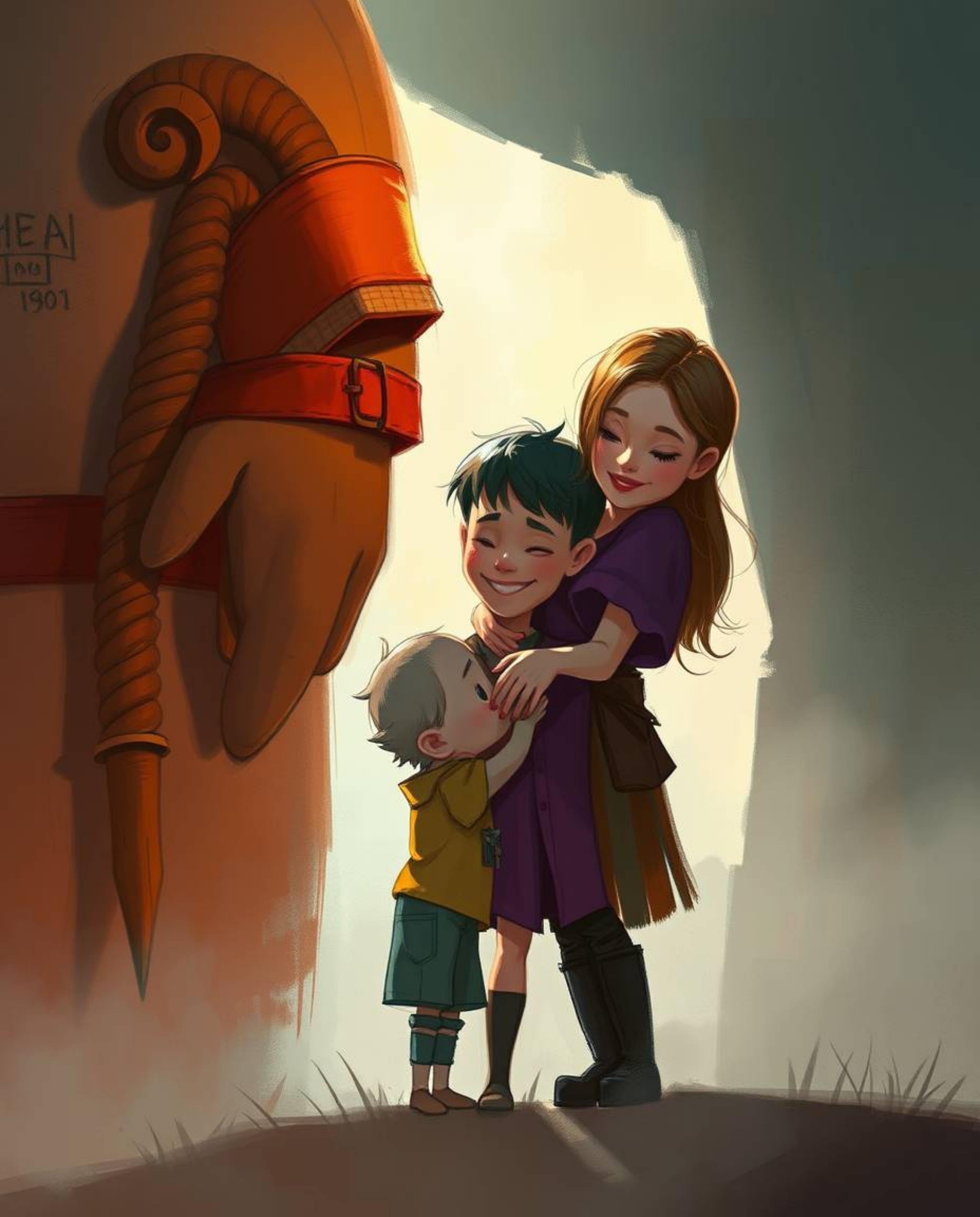 Experience an epic and misty digital sketch in Pixar style, depicting a heartfelt reunion between family members. This atmosp