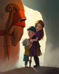 Experience an epic and misty digital sketch in Pixar style, depicting a heartfelt reunion between family members. This atmosp