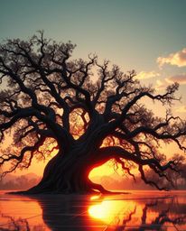 A modern futuristic epic scene depicting a sunset behind an old oak tree with twisted branches. This composition is defined b