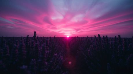 Explore the captivating blend of bright lens flares and an eerie atmosphere in these stunning images. Lavender fields glow et
