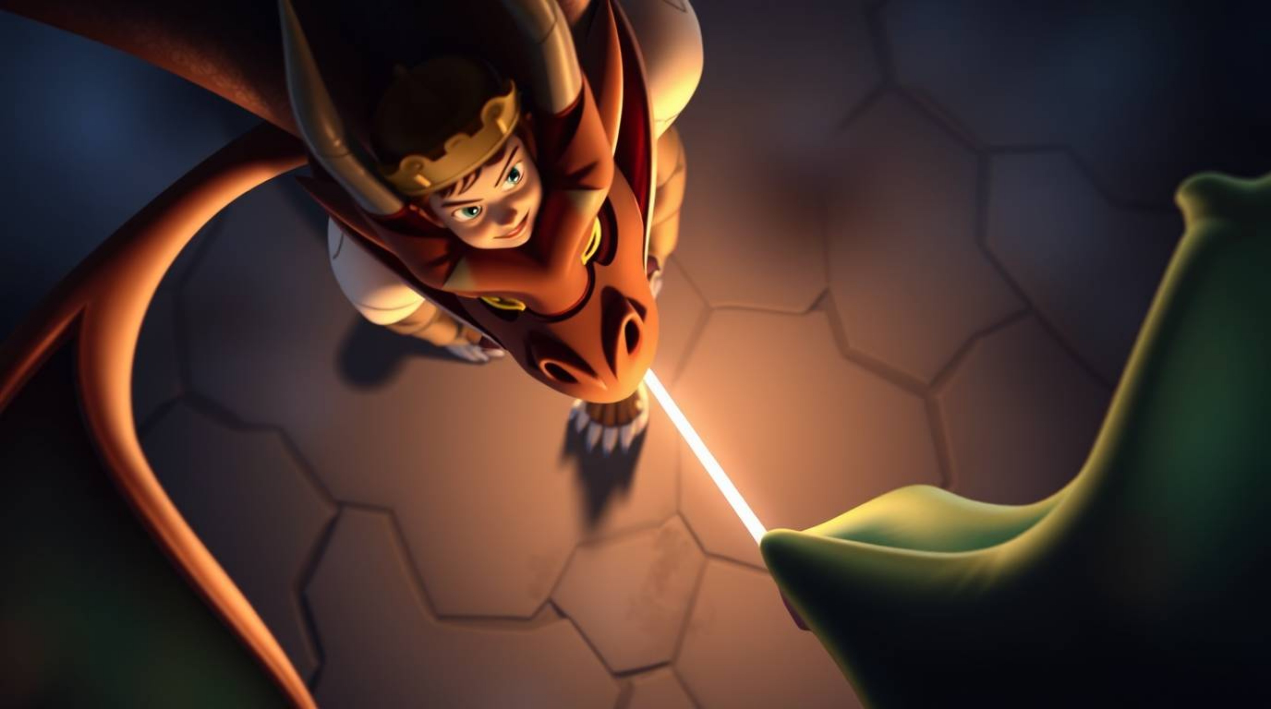An overhead bird's eye view captures a charming prince engaged in a dramatic battle with a dragon, rendered in the distinctiv