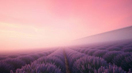 Capture the soft, dreamy atmosphere of lavender fields glowing under a pink sky with precise architectural color photography.
