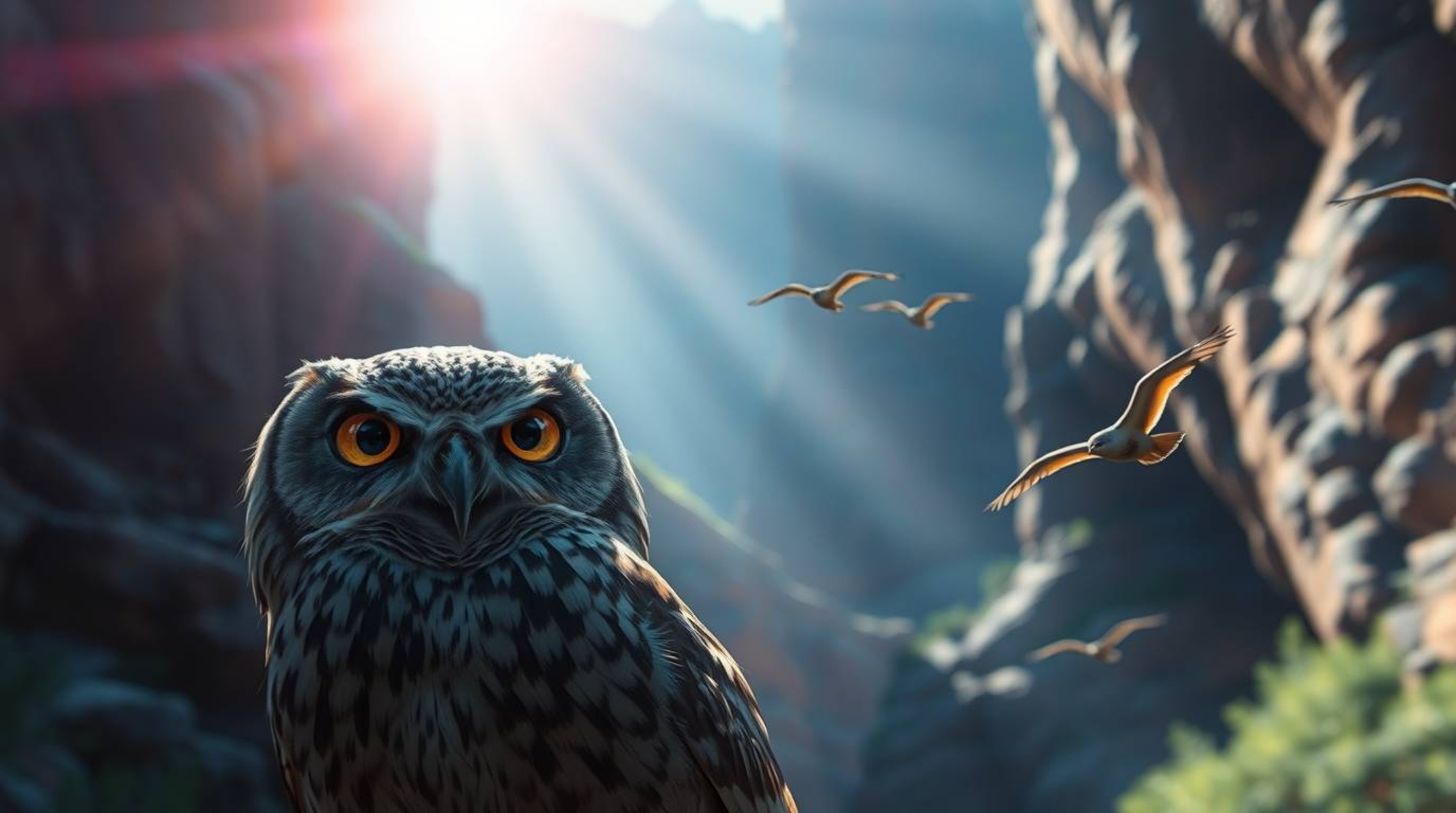 This cinematic digital painting, created in a beautiful long exposure style, features a blind owl with expressive eyes as it 