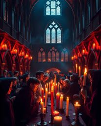 Immerse yourself in a magical school illuminated by warm candlelight, where young wizards learn and grow. Rich burgundy and d