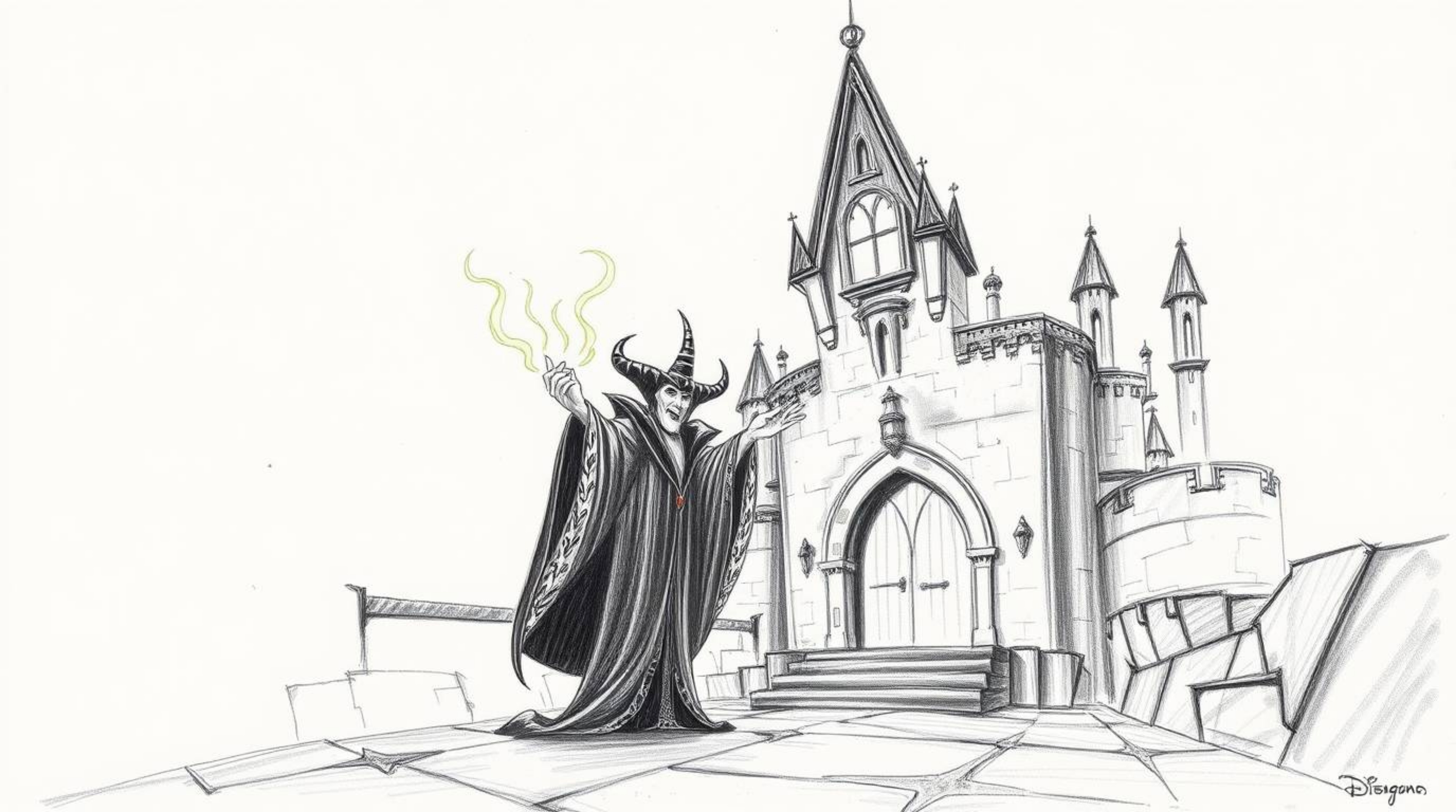 A captivating hand-drawn pencil sketch depicts a classic Disney villain immersed in the act of casting a spell within the age