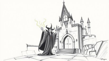 A captivating hand-drawn pencil sketch depicts a classic Disney villain immersed in the act of casting a spell within the age