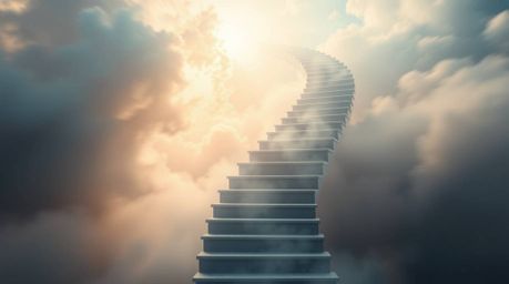 A surreal stairway dynamically ascends through smoky clouds towards a radiant light, creating a dreamlike and ethereal atmosp